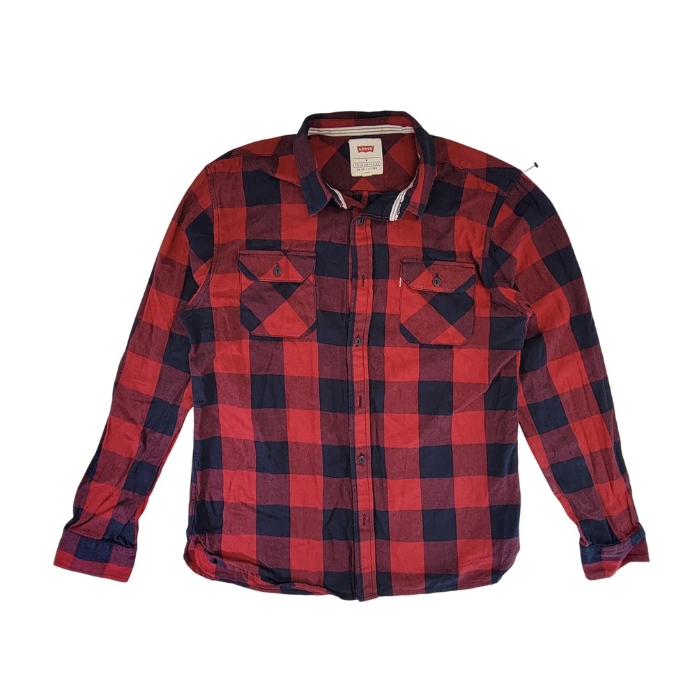 Levi Strauss & Co Mens Red Navy Plaid Long Sleeve‎ Button Up Shirt Size Medium